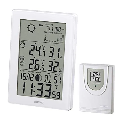 Hama, Stazione Meteo con sensore Esterno EWS-3000, Senza Fili, con Orologio Radio Controllato, Sveglia, termometro, Portata di 30 m, Bianco