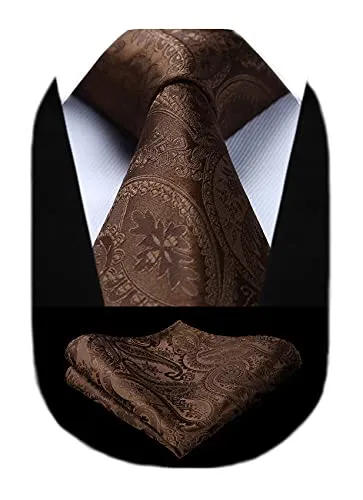 HISDERN Cravatta Uomo e Fazzoletto Elegante Paisley Cravatta Set di Marrone Cravatte Classiche per il Matrimonio Festa Lavoro Laurea