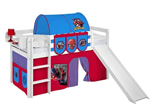 Lilokids Jelle - Letto a soppalco con Scivolo e Tenda, 90 x 190 cm, Motivo Spiderman, Colore: Bianco