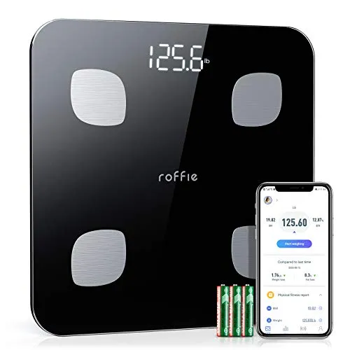 Bilancia Pesa Persona Digitale, Roffie Bilancia Pesapersone Impedenziometrica Senza Fili Intelligente con BMI, Analizzatore di Composizione Bagno Wireless con Piatto in Vetro, LCD Display, Nera