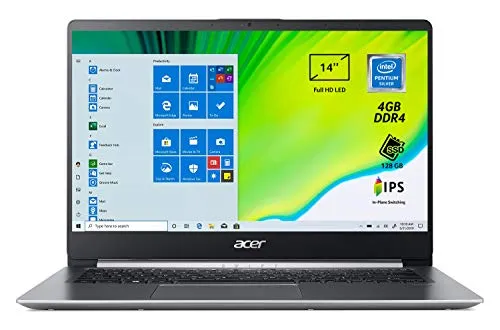 Acer Swift 1 SF114-32-P56T Pc Portatile, Notebook con Processore Intel Pentium Silver N5000, Ram 4 GB DDR4, 128 GB SSD, Display 14" FHD IPS LED LCD, Intel UHD 605, Windows 10 Home in S mode, Silver