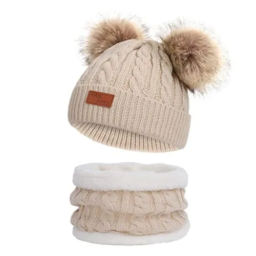 JFAN Sciarpa Invernale per Bambini in Maglia Doppia con Cappello Caldo A Forma di Palla di Pelo Cappello a Doppia Palla di Capelli + Sciarpa,Beige