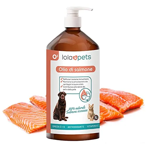 Olio di salmone per cani e gatti [ 1 LITRO ] 100% naturale, spremuto a freddo - Omega 3+6+9 e vitamina E, Antiossidante | Salmone scozzese, con pratico erogatore