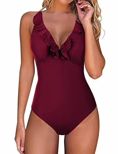 RITOSTA Costume da Bagno Donna Costumi Interi Monokini Bikini Scollo a V Stampa a Foglie Senza Spalline Push Up Senza Schienale Tankini Abiti da Spiaggia Swimsuit(D,M)