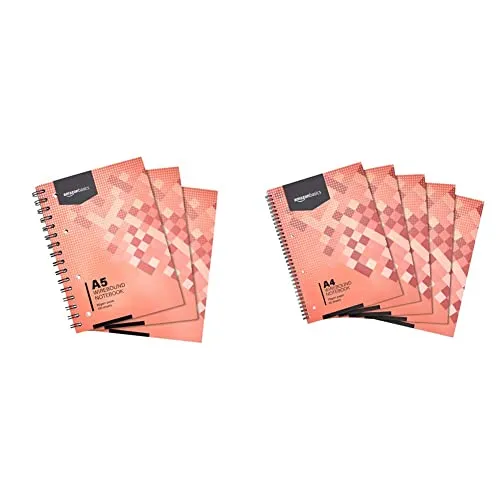 Amazon Basics Quaderno per appunti a spirale, 100 fogli/200 pagine, formato A4+ & Quaderno con rilegatura a spirale, 80 fogli/160 pagine, formato A5, 70 g/m & sup2;, (confezione da 5)