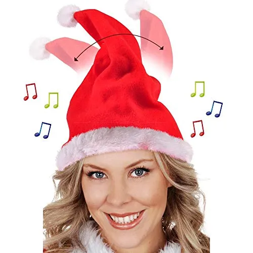 Ki Christmas Cappello Natalizio di Babbo Natale con Musica e Movimenti in Tessuto Rosso e Bianco Dimensione 20 x 37 cm