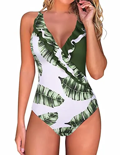 RITOSTA Costume da Bagno Donna Costumi Interi Monokini Bikini Scollo a V Stampa a Foglie Senza Spalline Push Up Senza Schienale Tankini Abiti da Spiaggia Swimsuit(A,S)