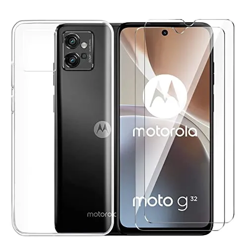 Tsinwe Cover + 2 Pezzi Vetro Temperato per Motorola Moto G32, Trasparente Silicone Custodia Protettivo Crystal Clear Sottile Morbido TPU Case e HD Pellicola per Motorola Moto G32