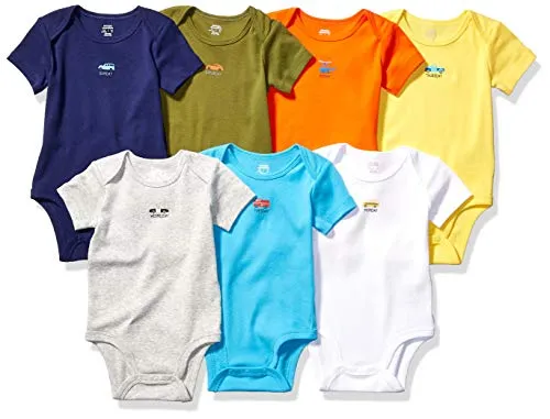 Amazon Essentials 7-Pack Short-Sleeve Bodysuits Infant-And-Toddler-Suits, Days of The Week-Vehicles, Newborn