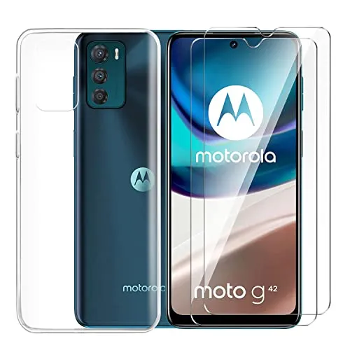 Tsinwe Cover + 2 Pezzi Vetro Temperato per Motorola Moto G42, Trasparente Silicone Custodia Protettivo Crystal Clear Sottile Morbido TPU Case e HD Pellicola per Motorola Moto G42