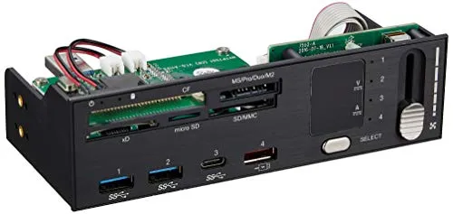 SilverStone SST-FP59B - pannello frontale multifunzione da 5.25" alu. con lettore di Memory Card, 3x USB 3.1, 1x USB Charger, Display per monitoraggio Voltaggi, controller velocità Ventole