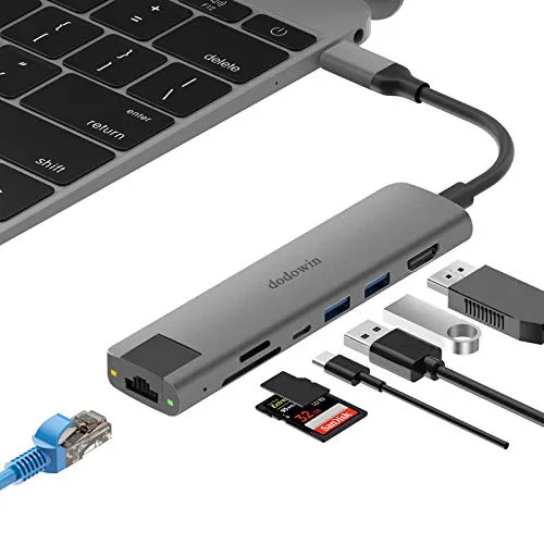 Adattatore USB C portatile 7 IN 1 Hub USB C compatibile per Macbook Pro / Air M1, Adattatore Macbook Air / Pro 2020-16, HP Spectre, USB C a HDMI 4K, RJ 45, 2 * USB3.0, SD / TF, tipo C.…