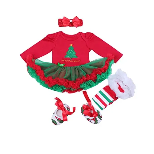 BabyPreg Neonate Il Mio Primo Natale Babbo Costume del Partito del Vestito 4PCS (9-12 Mesi, Albero Lungo)