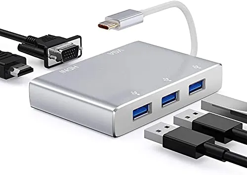Adattatore VGA da USB C a HDMI, HuiHeng Tipo C a 4K HDMI / 1080P VGA / USB 3.0, Convertitore Video USB C Hub Tipo C 5 in 1 per , Chromebook, Samsung Galaxy, Dell XPS (5 in 1 Adapter(White))