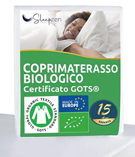 Coprimaterasso 140 x 190/200 cm in Cotone Biologico - Certificato GOTS® - Oeko-TEX®, 100% cotone naturale in pile sano e silenzioso - non impermeabile - Made in EU