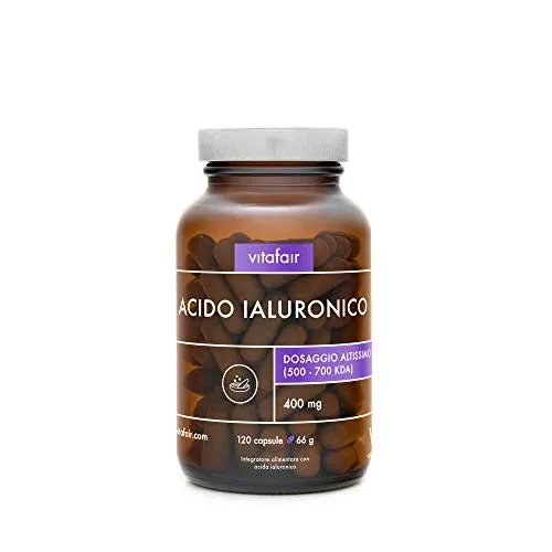 Acido Ialuronico - 400mg per Porzione - 120 Capsule - Dimensione molecolare 500-700 kDa - Anti-invecchiamento – Ad Alto Dosaggio - Vegano - Senza Sali di Magnesio - German Quality