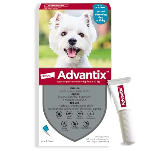 Advantix® Spot-on antiparassitario per Cani da 4 Kg fino a 10 Kg, 4 pipette da 1 ml. Elimina zecche, pulci, pidocchi in casa. Protegge da zanzare, pappataci e rischio di leishmaniosi.