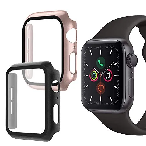 Oududianzi-Cover per Apple Watch Serie 5/4 con Protezione Schermo in Vetro temperato, Protezione Completa a 360° Custodia Rigida per PC Ultra-Sottile per Apple Watch 5/4 44mm (2pezzi ， Nero+Oro Rosa)