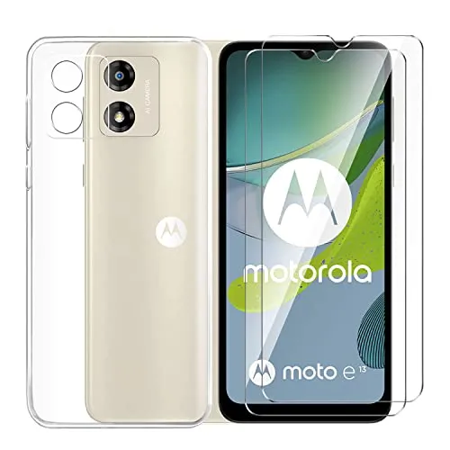 Tsinwe Cover + 2 Pezzi Vetro Temperato per Motorola Moto E13, Trasparente Silicone Custodia Protettivo Crystal Clear Sottile Morbido TPU Case e HD Pellicola per Motorola Moto E13