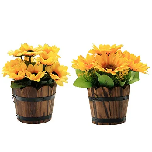 Flikool 2pz Girasole Artificiale in Botte di Legno Girasoli Finti in Seta Disposizione Floreale Fiori Decorativi Piante Artificiali in Vaso per Casa Soggiorno Balcone Matrimoni Uffici Decorazioni