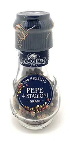 Pepe 4 Stagioni in Grani con Macinello - 35 g - Miscela di Pepi e Bacche Essiccati - Sapore Intenso e Aroma Fresco ed Erbaceo - Si Sposa con Carne Rossa, Pesce, Carni Bianche, Verdure e Salse