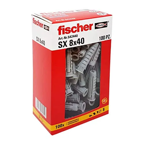 Fischer 100 Tasselli SX, 8 x 40 mm, per Muro pieno e Mattone Forato, 542440