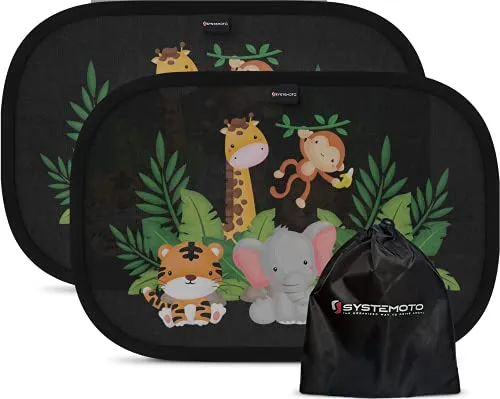 Systemoto Parasole Auto per bambini - Extra scuro con protezione UV certificata - Set di 2 Tendine Parasole autoadesivi per bambini (Wildlife)