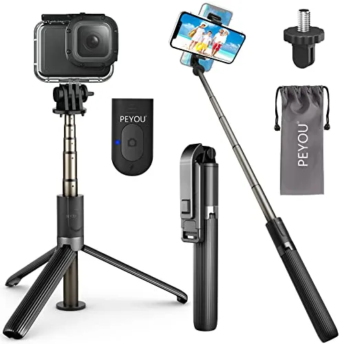 Bastone Selfie, [USB Ricaricabile Telecomando] PEYOU TikTok Selfie Stick in Alluminio, 360° Regolabile e 82cm Estensibile Bastone Selfie Treppiede, Compatibile con iPhone 13/12 Pro, Samsung S21, Gopro