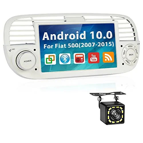 Podofo Autoradio per Fiat 500 (2007-2015), 7 Pollici Android 10.0 Stereo Auto Radio con Schermo Supporta WiFi, GPS Navi, RDS/FM, Bluetooth, Backup Camera, CANBUS - Bianco