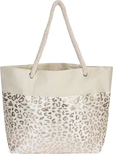 styleBREAKER Borsa da spiaggia XXL da donna con stampa animalier leopardata metallica, borsa a tracolla, borsa shopper 02012282, colore:Beige - Rosa Oro