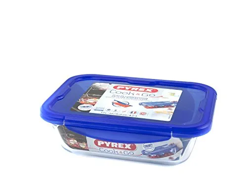 Pyrex 282PG00 Teglia Multiuso Rettangolare con Coperchio Ermetico , Trasparente e Blu, 25X19X6 cm, 1.7 L