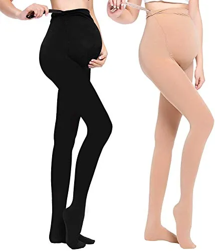 LOVELYBOBO 2 Pack Calze Premaman, Donne Belly Maternità Opaco Completa Collant 320D per la Gravidanza- Gambe Larghe Regolabili/Piedi Completi (nero+nudo)