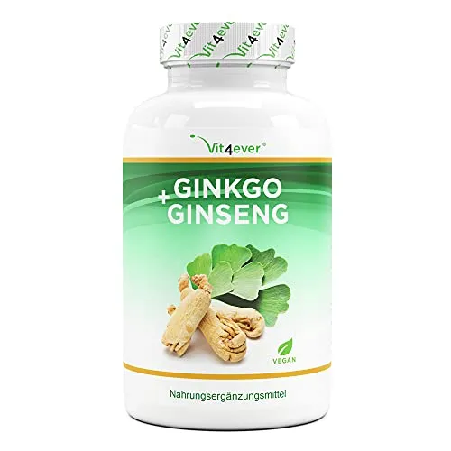 Ginkgo + Ginseng - 365 compresse - Estratto speciale - Dose elevata - Ginkgo Biloba + Ginseng coreano - Qualità premium - Vegan