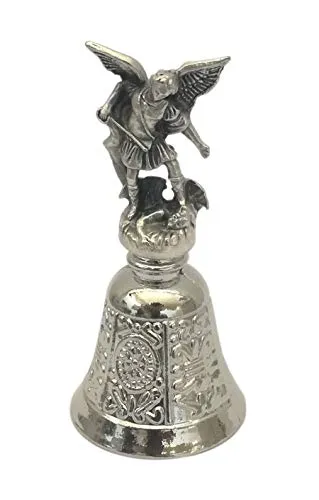 Campanello Liturgico San Michele Placcato Argento. Protezione dell'Arcangelo guardiano e Angelo Custode Contro Il maligno. Statuina con campanella scacciaspiriti, scacciaguai. H 7,5 cm