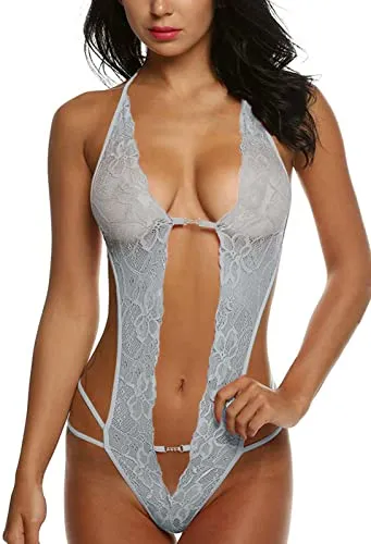 Likela Lingerie Sexy Lace Babydoll Bralette Deep V Biancheria delle Sexy Lingerie Hard Taglie Forti Sexy Donna Lingerie Sexy Pizzo Hot Intimo Donna Halter Lingerie (Grigio)