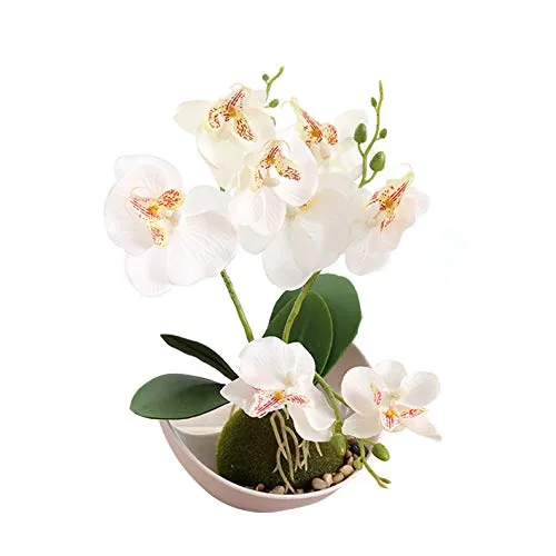 Flikool 3 Stelo Orchidea Artificiale in Vaso di Plastica Phalaenopsis Fiori Artificiale Finta Orchidee Bonsai Piante Artificiali per Casa Balcone Festa Nuziale Decorazione - Bianco
