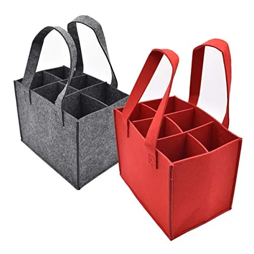 Xiuyer Borsa Portabottiglie, 2 Pezzi Borse in Feltro con Divisorio Rimovibile per 6 Bottiglie Vino Birra Acqua Bottle Tote Bag per Viaggi Picnic Feste Pacchetto Regalo(Grigio e Rosso)