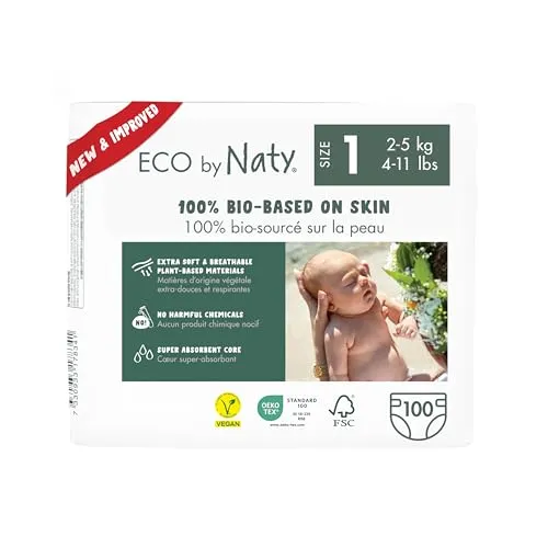 Eco by Naty Pannolini per bambini - Pannolini ecologici a base vegetale, ottimi per la pelle sensibile del bambino e aiutano a evitare le perdite (Taglia 1, 100 unità)