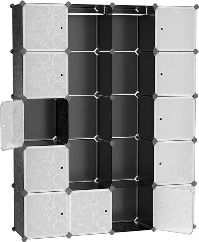 SONGMICS Guardaroba Modulare, Armadietto Fai da Te, Scaffale a 5 Ripiani 4 Righe con Scomparti a Cubo, Mobiletto in Plastica, 143 x 36 x 178 cm, Nero Floreale LPC30H