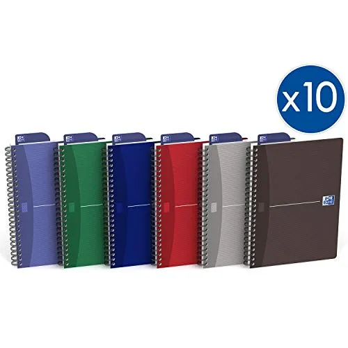 Oxford 100104869  Office Essentials - Quaderno con costa a spirale, 100 pagine, Confezione da 10, Colori assortiti