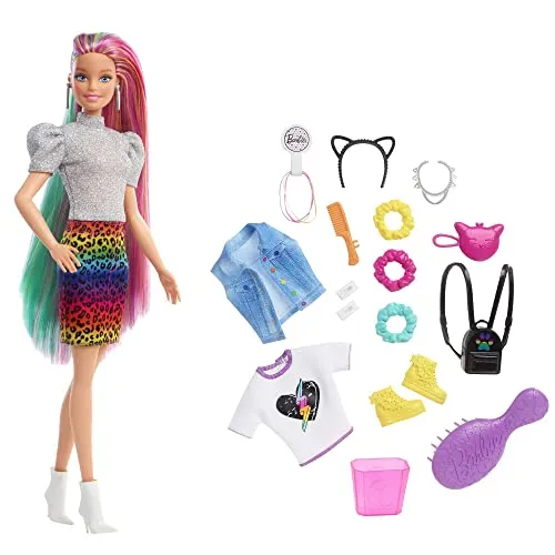 Barbie - ​Bambola Capelli Multicolor con Funzione Cambia Colore, Include Cerchietto e Borsa a Forma di Gatto e Accessori a Tema Leopardo, Giocattolo per Bambini 3+Anni, GRN81