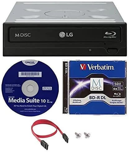 LG WH16NS40K 16X Blu-ray BDXL M-DISC DVD CD CD interno Bundle con 50GB Verbatim M-Disc BD-R DL + Cyberlink Media Suite 10 + cavo SATA