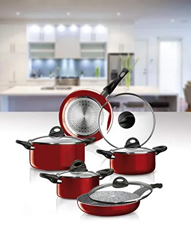 Aeternum Induction Simplicity Set Batteria di Padelle e Pentole 10 pezzi, Adatto all'induzione, Alluminio, Rosso