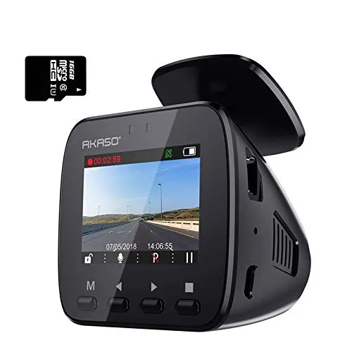 AKASO V1 WiFi Dash Cam con GPS, Dash Camera Full HD per auto con scheda di memoria da 16 GB inclusa, Monitor di parcheggio, G-Sensor con registrazione, super visione notturna e grandangolare 170 °