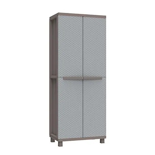 Terry, Jrattan 368 , Armadio Portascope da Esterno Interno a 2 Ante Effetto Rattan, Scaffalino Interno a 4 Ripiani. Colore: Grigio/Tortora, Materiale: Plastica, Dimensioni: 68x37,5x170 cm