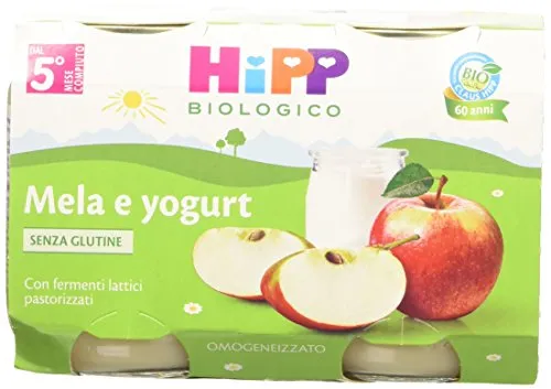 HiPP - Omogeneizzato di Frutta Bio per Neonati, Gusto Mela e Yogurt, 24 Vasetti da 125 g