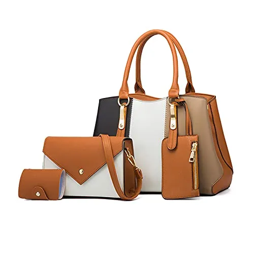 NICOLE & DORIS Borse Donna 4 Pezzi Set Borsa a Mano in Contrasto Colore Crossbody Bag Borsa a Tracolla Moda Borse a Spalla Elegant Borsetta Porta Carte Portafoglio Marrone