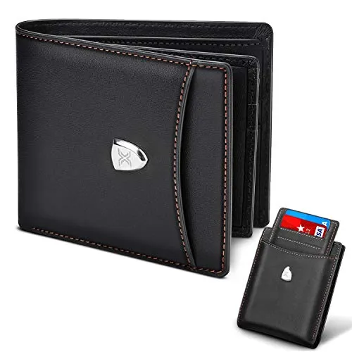 Portafoglio Uomo Blocco RFID Vera Pelle con 14 Slot per Schede, Slim Porta Carte Credito con Tasca per monete,Tasche Contanti,Finestra di Identificazione,Slot per Carte Di Credito+Confezione Regalo