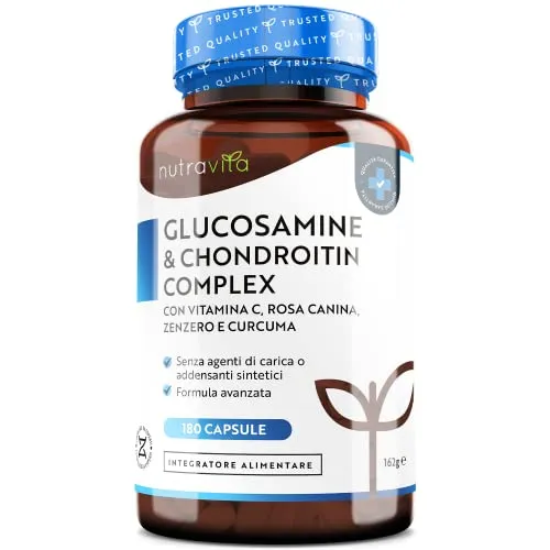 Glucosamina Solfato e Condroitina Complesso - con Vitamina C, Estratti di Cinorrodo, Zenzero e Curcuma - 180 Capsule Alto Dosaggio - Prodotto nel Regno Unito da Nutravita