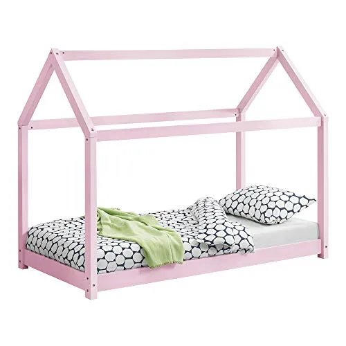 [en.casa] Letto per Bambino a Forma di Casetta 80 x 160 cm Lettino di Design Struttura in Legno in Stile Montessori - Color Rosa